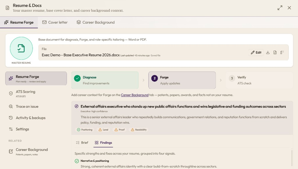 Materials in Exec Foundry: base resume, diagnosis findings, and the next forge step