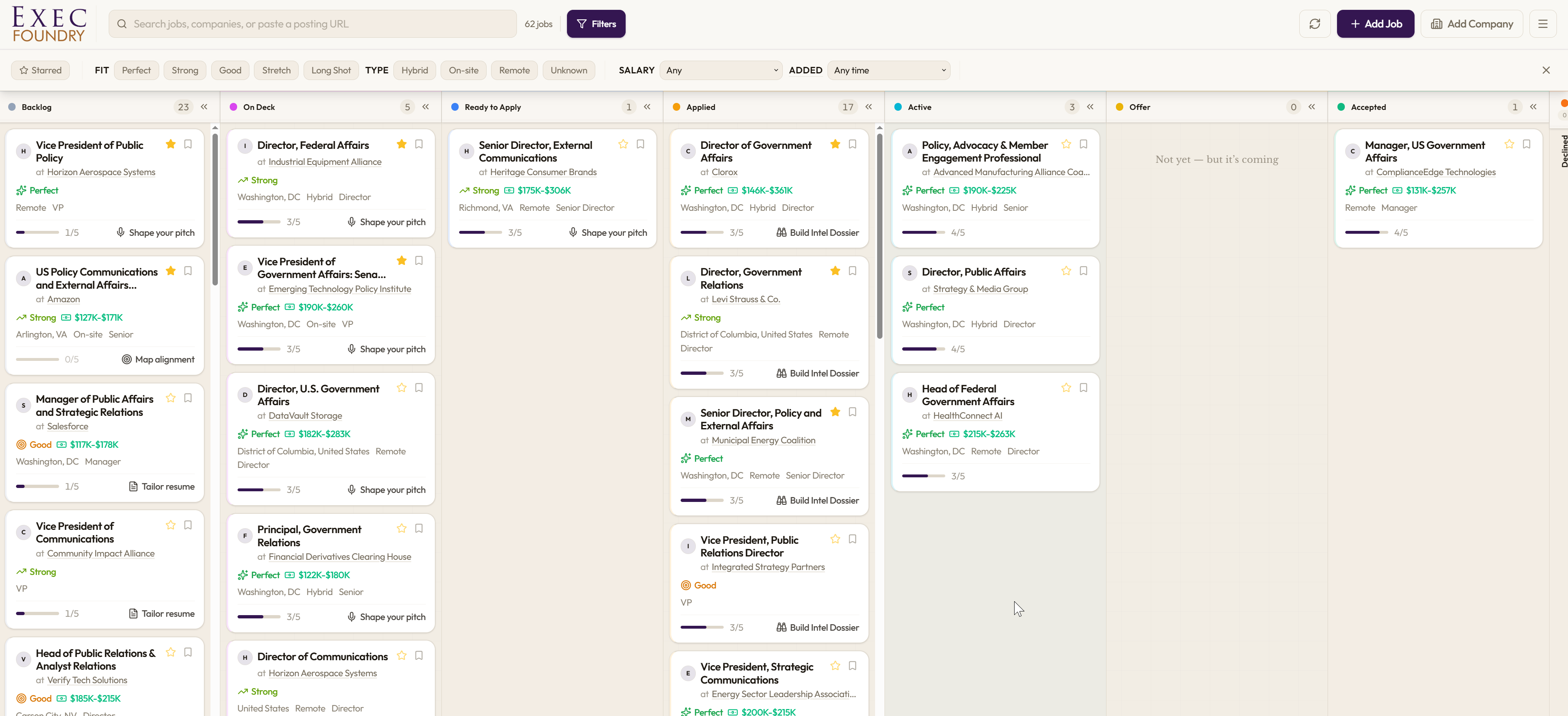Pipeline board in Exec Foundry: stages and roles in one view